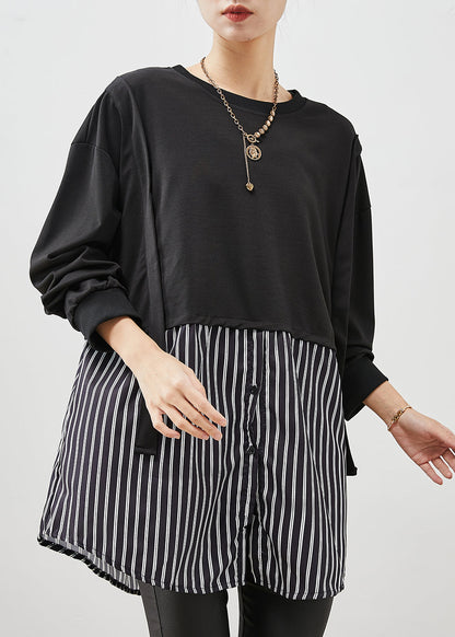 Black Oversized Patchwork Striped Cotton Sweatshirt Spring
