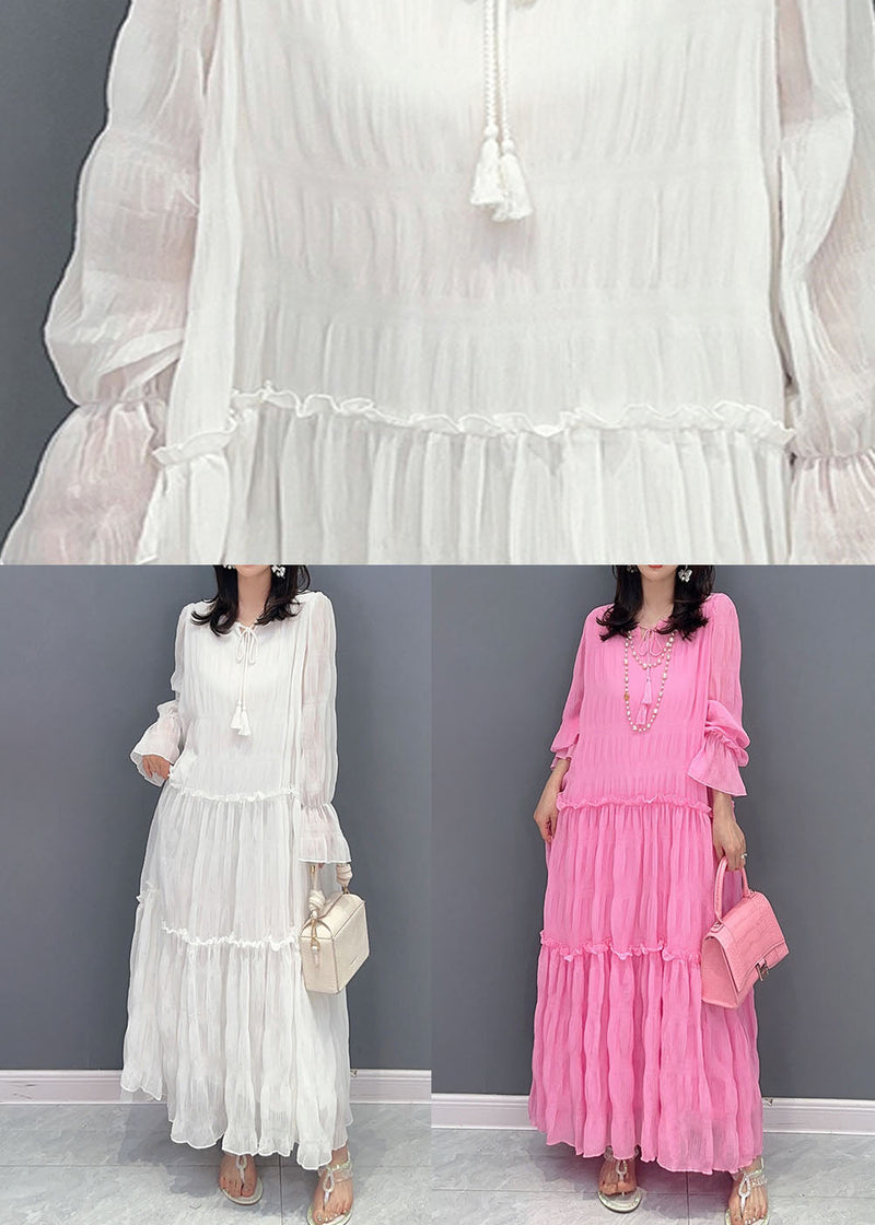 Pink Ruffled Lace Up Patchwork Chiffon Long Dress Summer