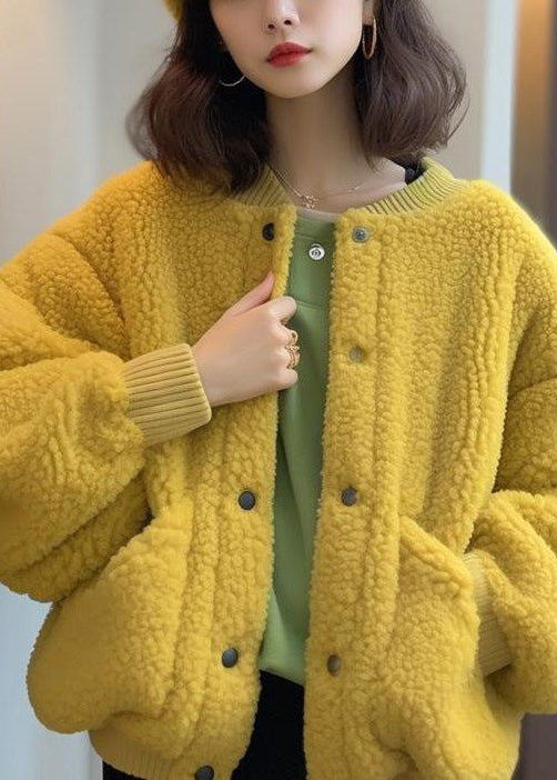 Yellow Button Pockets Teddy Faux Fur Coat Spring