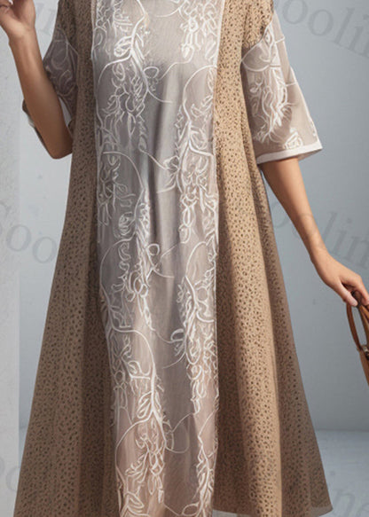French Khaki O Neck Print Patchwork Silk Dress Summer