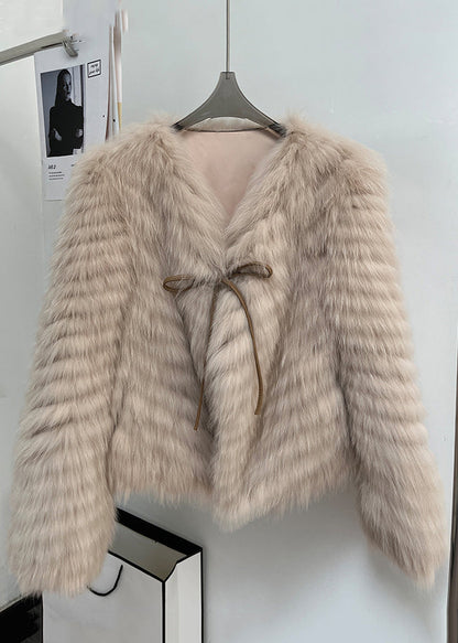 Italian Milk Tea Color V Neck Lace Up Leather and Fur Coats Winte