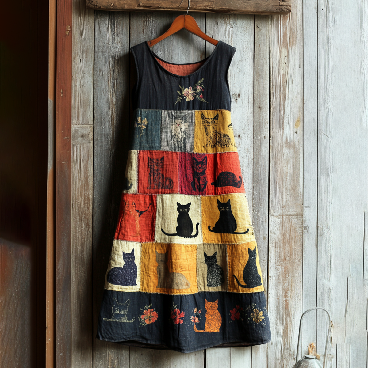 Women's Pop Art Cat Patchwork Design Cotton Line Vest Dress elevenforest