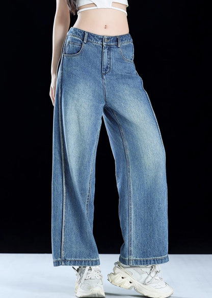 Blue Pockets Patchwork Denim Crop Pants Summer