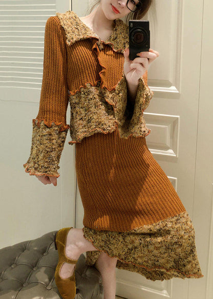 Unique Coffee Peter Pan Collar Ruffled Patchwork Cotton Knit Top and Maxi Skirts Two Pieces Set Flare Sleeve