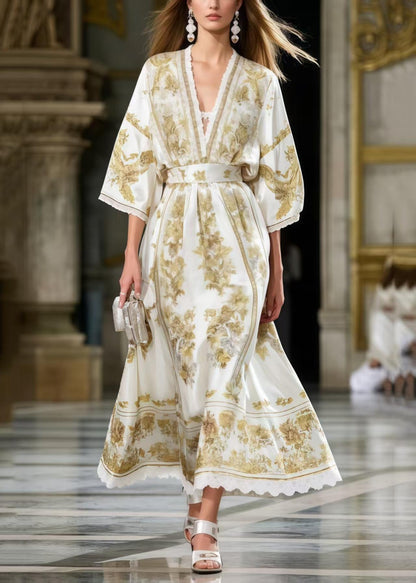 Boutique White Cinched Print Silk Maxi Dresses Summer