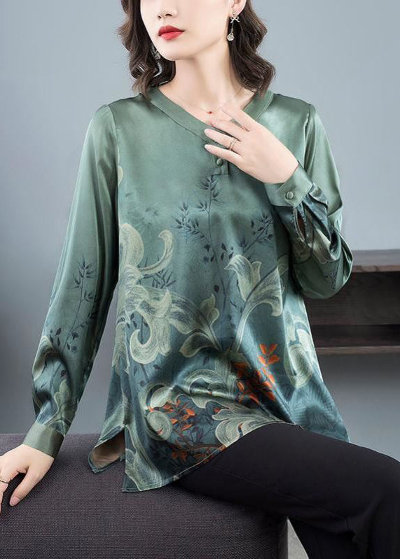 Blackish Green O Neck Print Patchwork Silk Top Fall