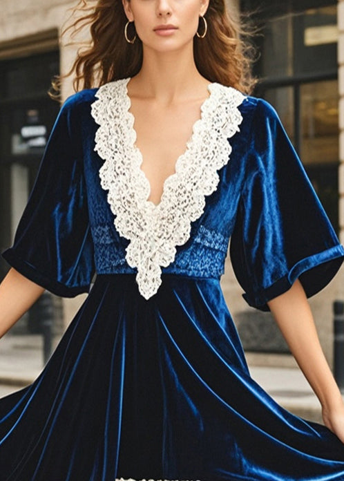 Navy Asymmetrical Patchwork Silk Velour Dresses Summer