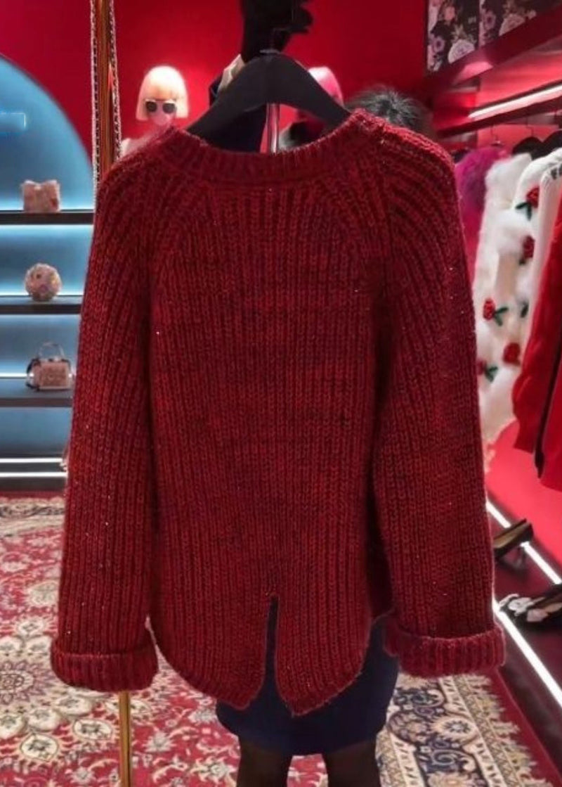 Stylish Red O-neck Nail Bead Thick Cotton Knit Sweater Tops Winter