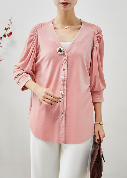 Pink V Neck Nail Bead Silk Velour Shirt Fall