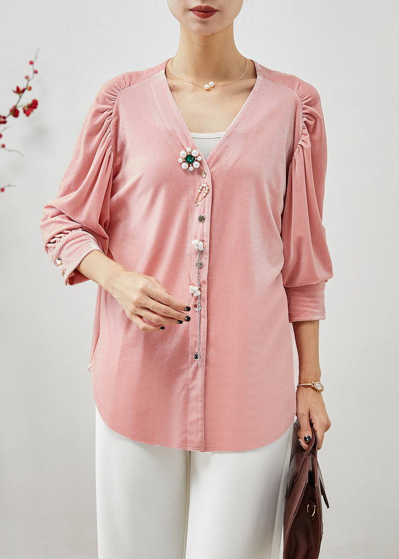 Pink V Neck Nail Bead Silk Velour Shirt Fall