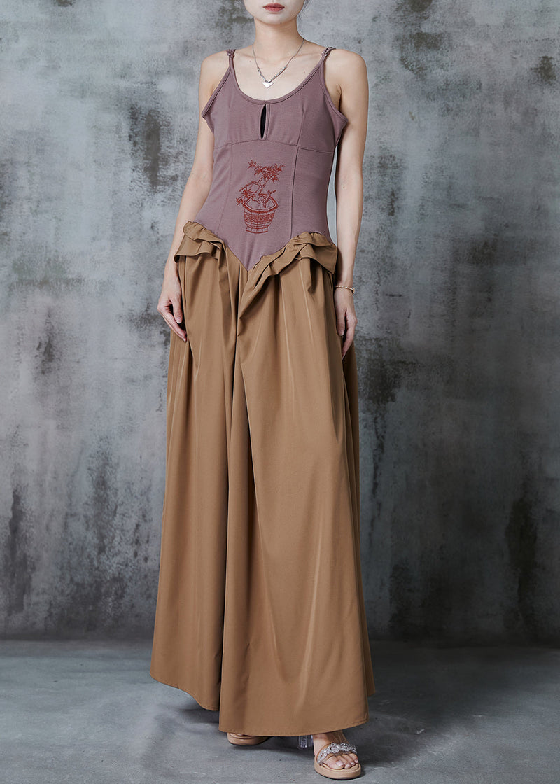 Original Design Brown Embroidered Patchwork Cotton Spaghetti Strap Dress Summer
