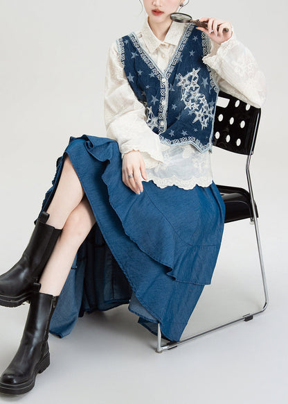 Style Embroidered Denim Vest Shirt Asymmetrical Skirts Set Summer