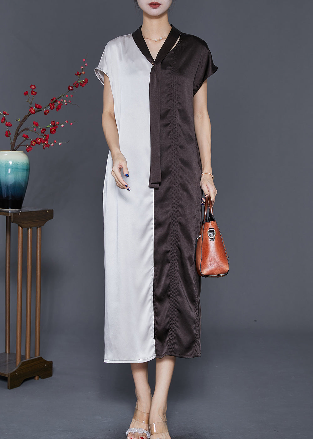 Colorblock Bow Neck Patchwork Silk Long Dresses Summer