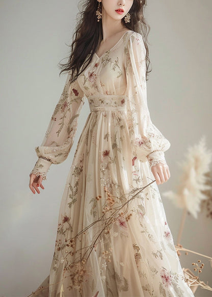 V Neck Print High Waist Chiffon Dress Long Sleeve Spring