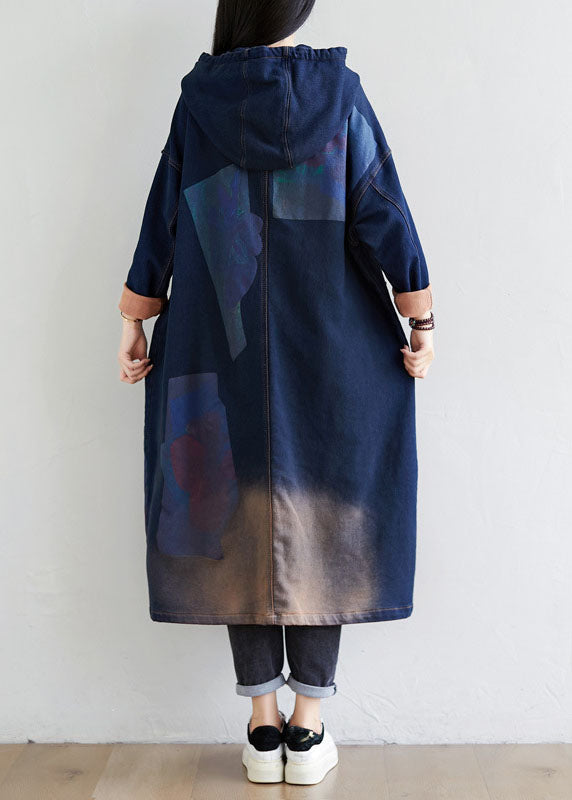 Simple Dark Blue Drawstring Hooded Pockets Print Denim Trench Coats Spring