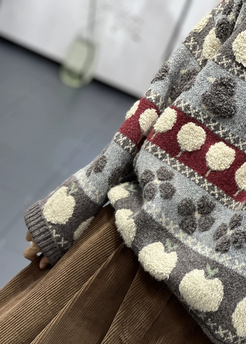 Grey O Neck Patchwork Cozy Cotton Knit Sweaters Long Sleeve