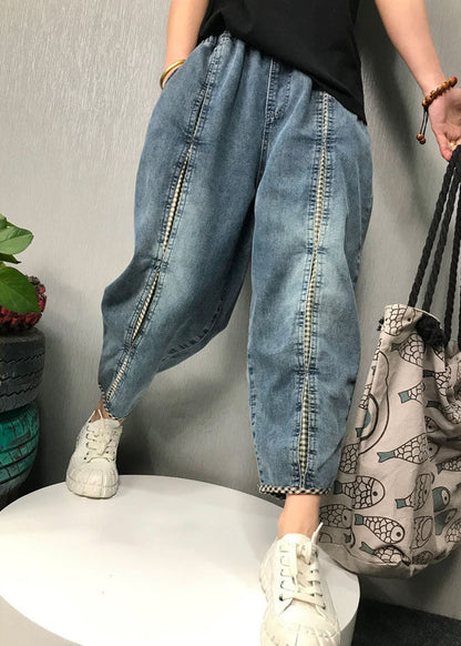 Blue Plaid Patchwork Denim Pants Spring