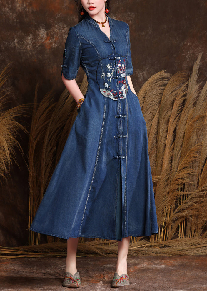 Organic Denim Blue V Neck Embroidered Patchwork Long Dresses Short Sleeve Summer