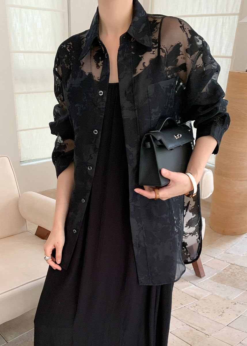 Black Peter Pan Collar Print Patchwork Chiffon Shirt Fall