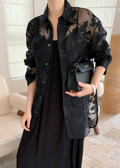 Black Peter Pan Collar Print Patchwork Chiffon Shirt Fall