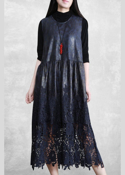 100% Hollow Out Patchwork Dresses Lnspiration Dark Blue Maxi Dress Fall