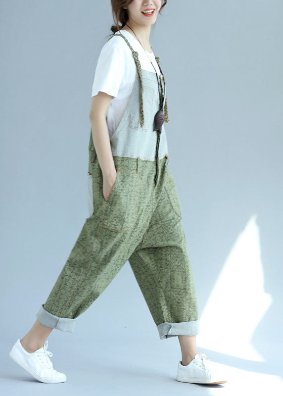 Green Pockets Patchwork Wide Leg Jumpsuit Spring