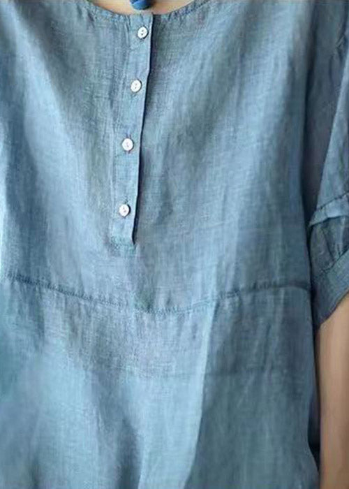 Retro Blue O-neck Ruffled Button Drawstring Top Half Sleeve