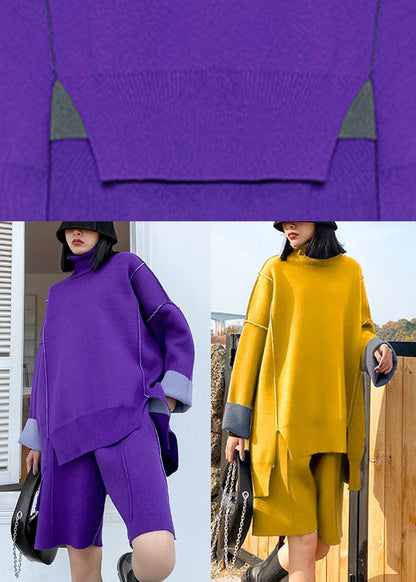 Yellow Turtleneck Knit Fall Two Piece Set