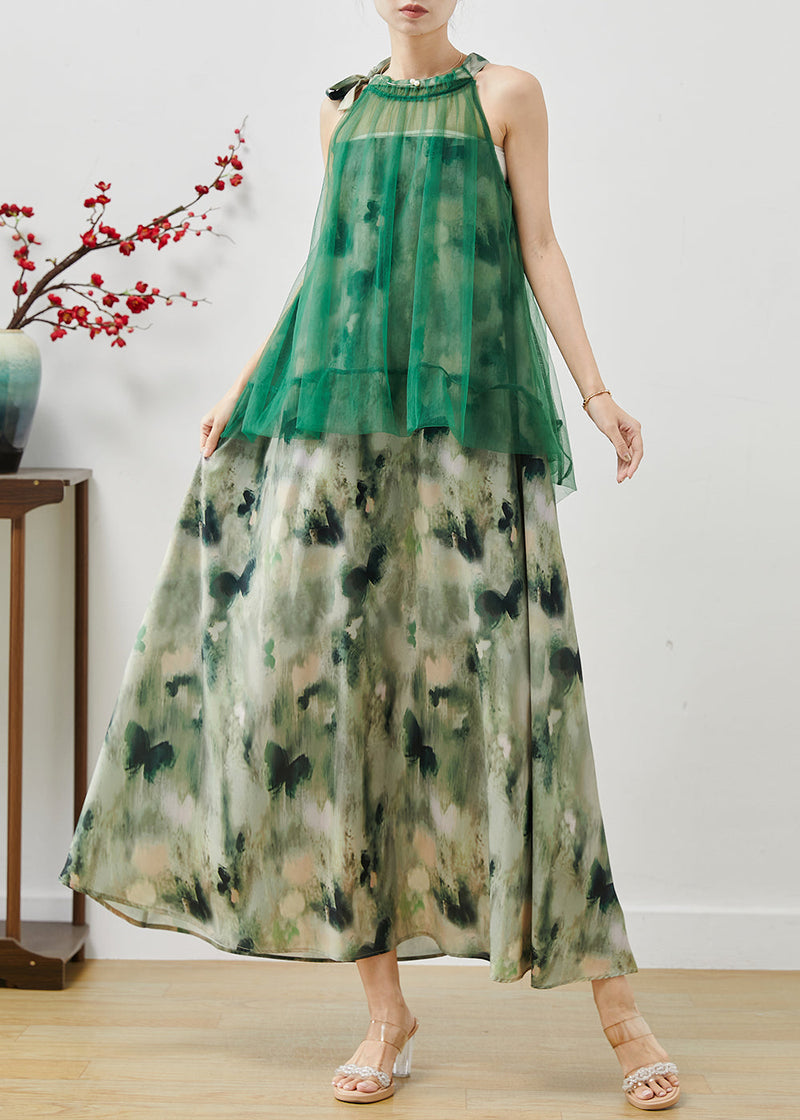 Green Cold Shoulder Tie Dye Chiffon Dresses Summer