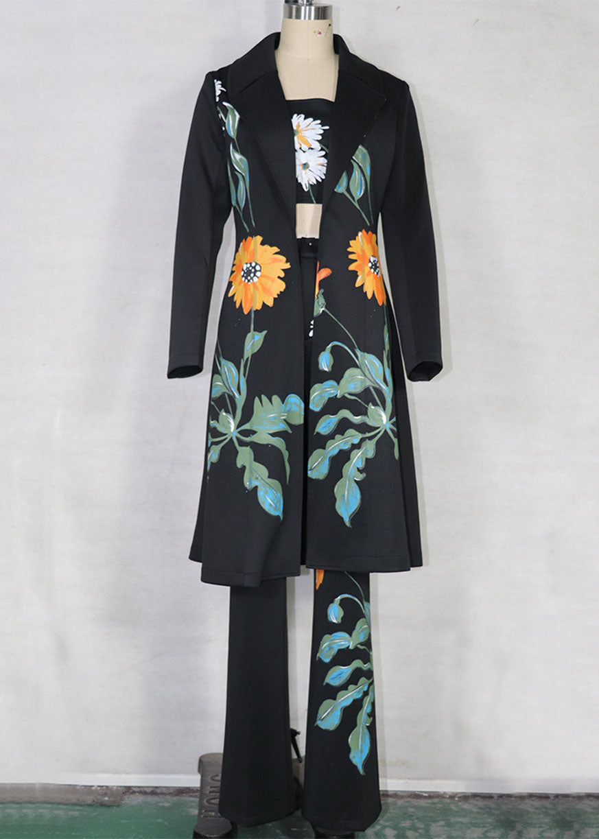 French Black Print Chiffon Cinch Trench Coats and Pants Three Piece Set Spring