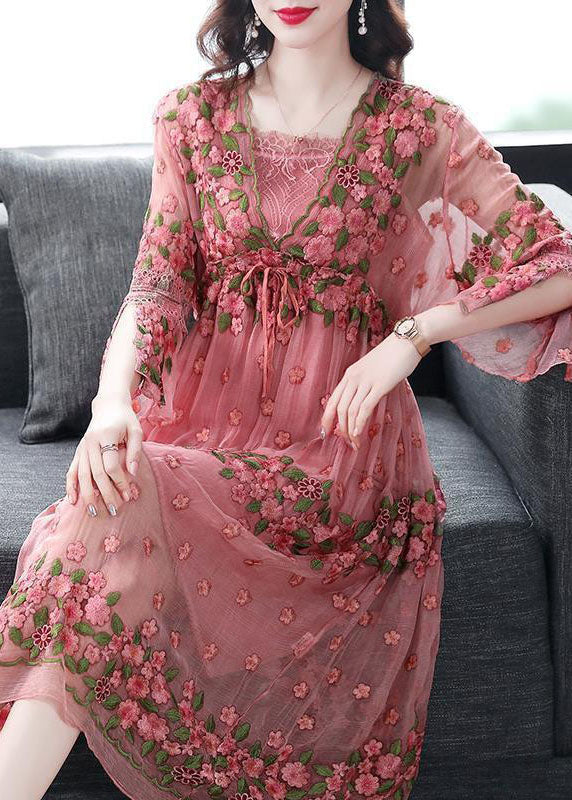 Pink Embroideried Lace Up Silk Robe Dresses Flare Sleeve