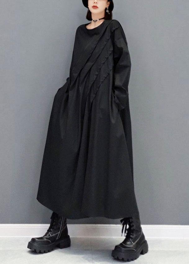 Black O-neck Pockets Robe Dresses Fall Long Sleeve