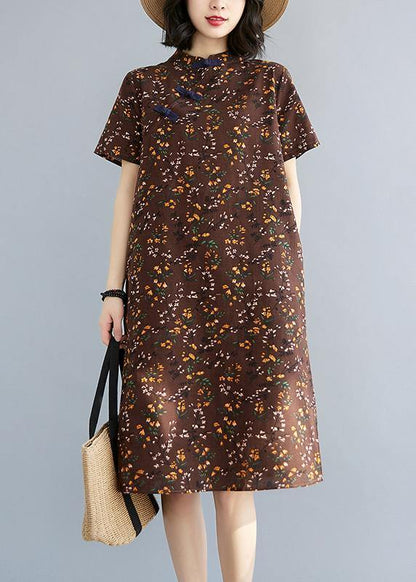 Simple Chocolate Print Oriental Maxi Summer Cotton Dress
