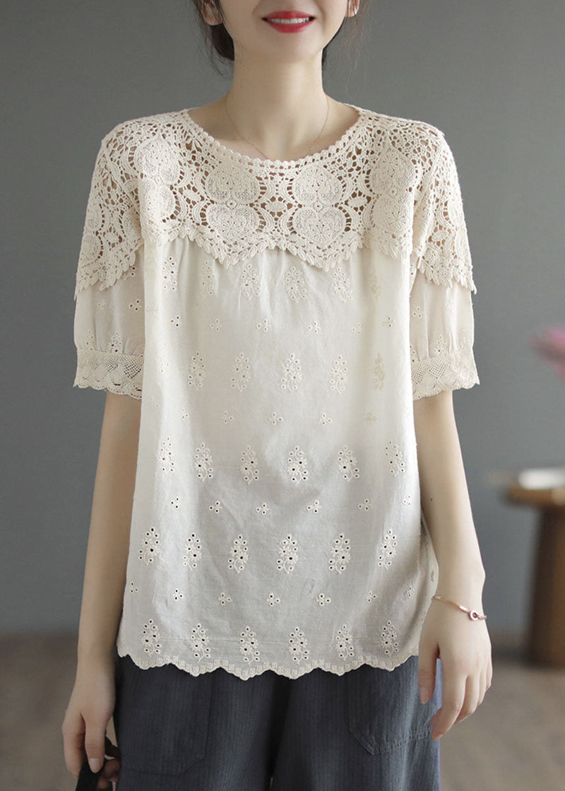 Handmade Beige O-neck Patchwork Lace Cotton Tanks Summer