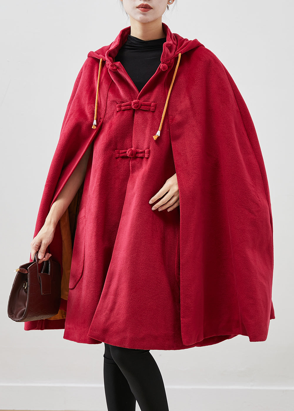 Red Hooded Chinese Button Warm Fleece Coats Cloak Sleeves