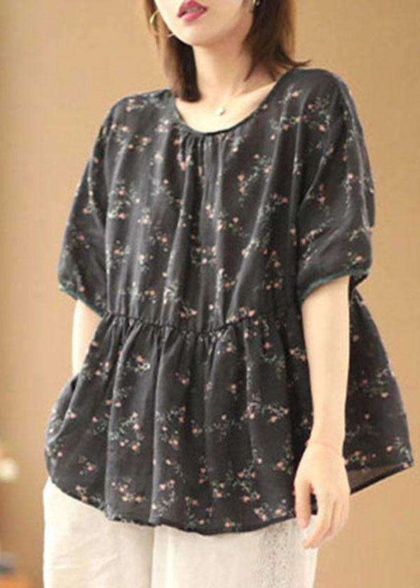 Black O-neck Print Linen Cinch Shirts Short Sleeve