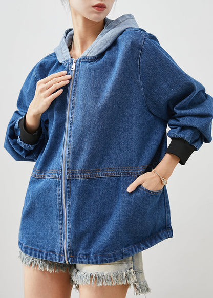 Blue Hooded Patchwork Denim Jackets Spring