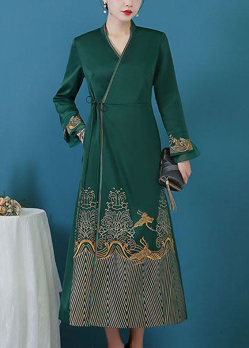 Green Tie Waist Print Silk Cinch Dress Fall