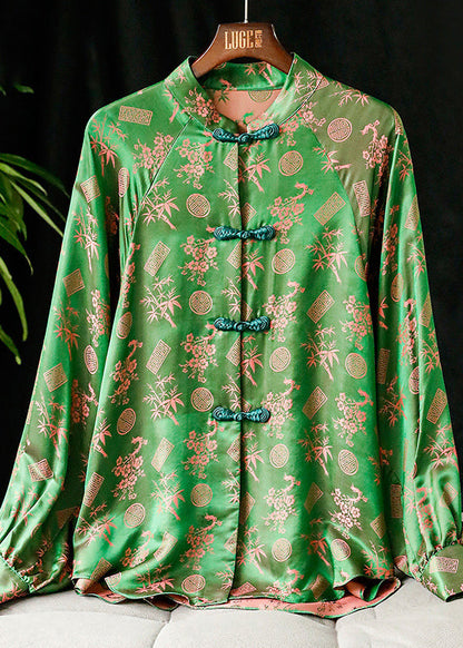 Green Stand Collar Button Print Silk Shirt Tops Long Sleeve