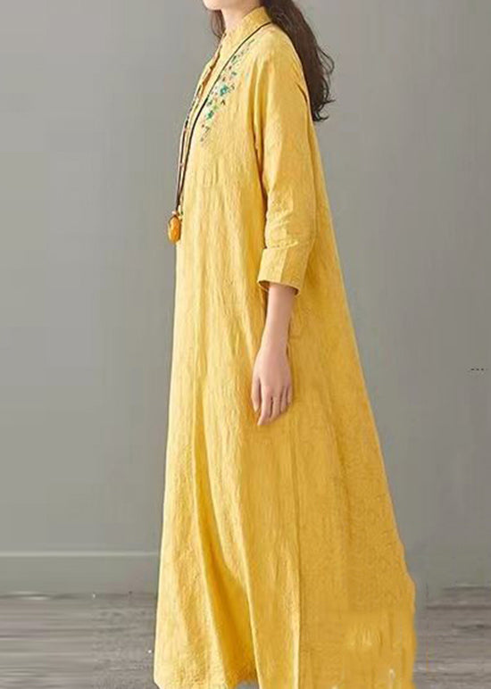 Yellow Embroideried Patchwork Cotton Long Dresses Fall