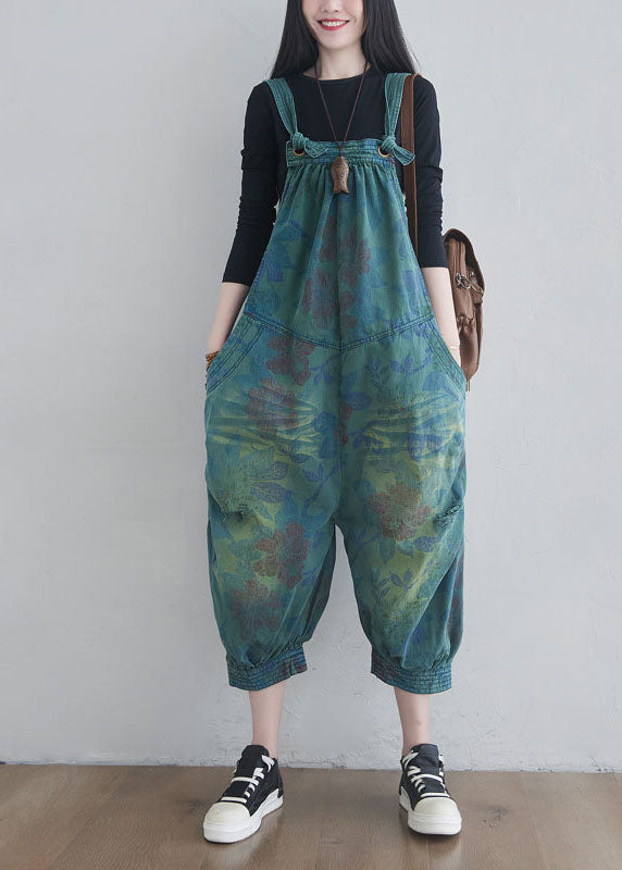 Blue Pockets Print Denim Jumpsuits Spring