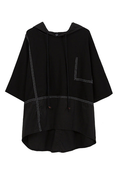 Classy Black O-neck Patchwork Drawstring Hooded Coats Half Sleeve