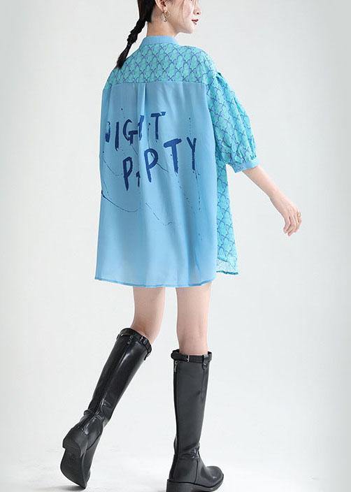 Fine Blue Print Stand Collar Asymmetrical Design Half Sleeve Top