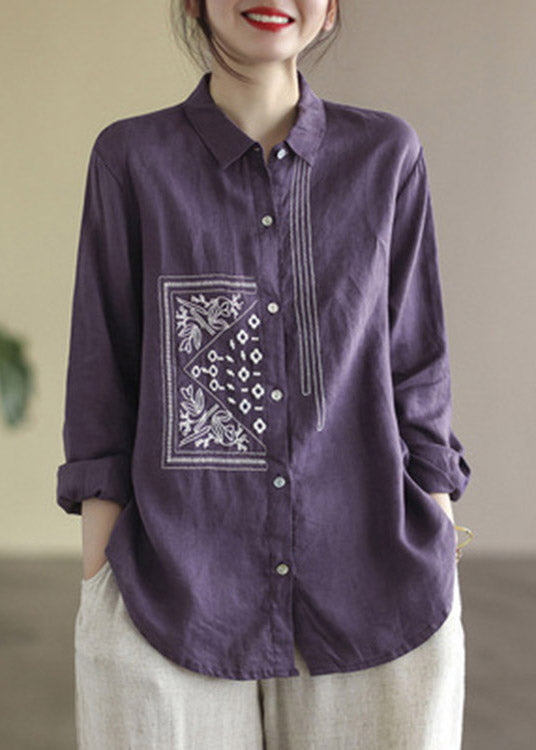 Purple Peter Pan Collar Embroideried Button Linen Shirt Long Sleeve