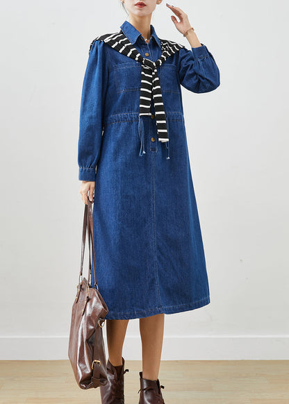 Blue Cinched Give Shawl Denim Long Dress Fall