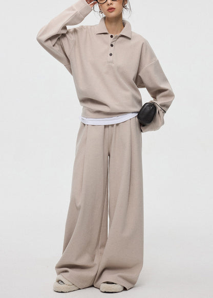 Oatmeal Button Tops and Wide Leg Pants Cashmere Two Pieces Set Peter Pan Collar