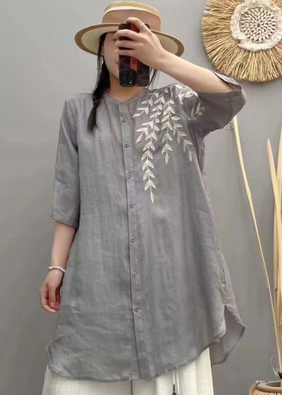 Retro Pink Stand Collar Embroidered Linen Shirts Bracelet Sleeve