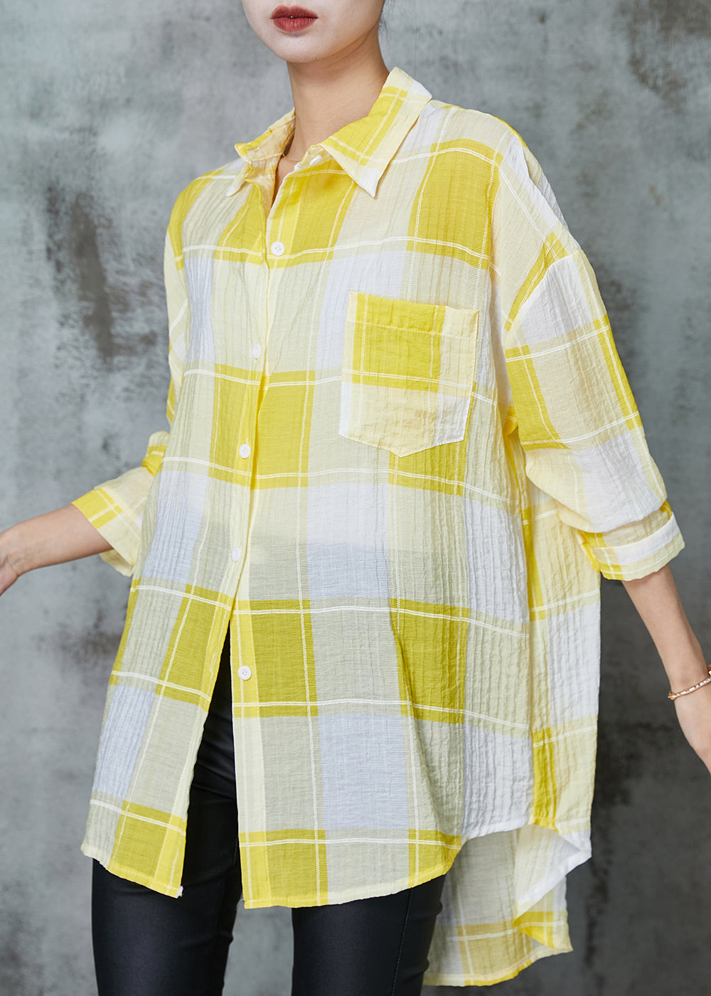 Classy Yellow Oversized Plaid Cotton Upf 50+ Tops Spring