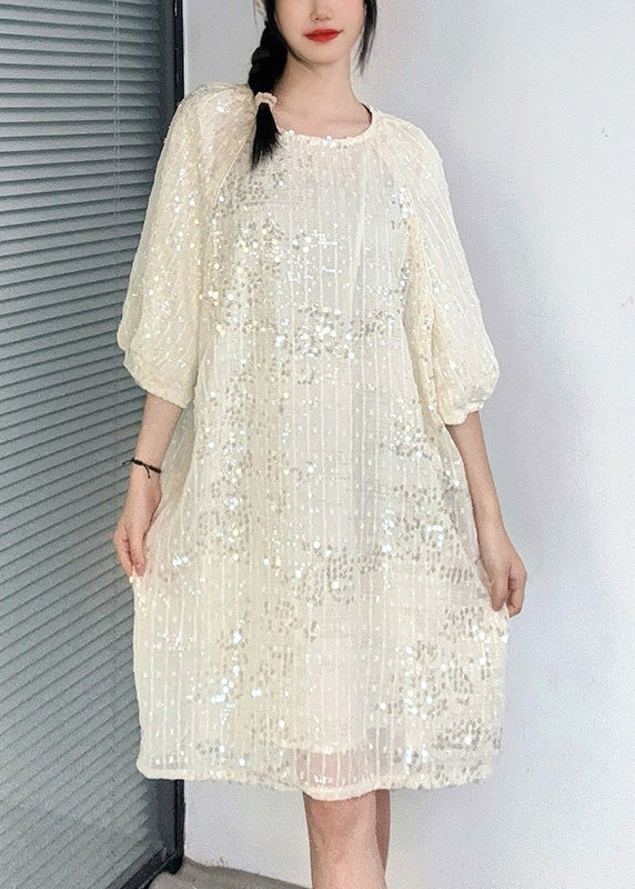 New Apricot O-neck Sequins Patchwork Dresses Summer