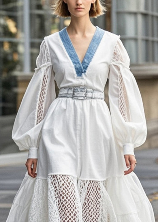 White Cinched Patchwork Hollow Out Cotton Dress Spring